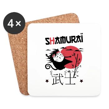 Shamuraï Cat Fighter, Lustige Samurai Schwarze Katze - Untersetzer (4er-Set) - Weiß - Vorne
