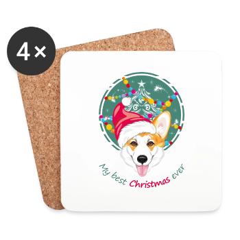 Fröhlicher walisischer Corgi mit Weihnachtsmannmütze - Untersetzer (4er-Set) - Weiß - Vorne