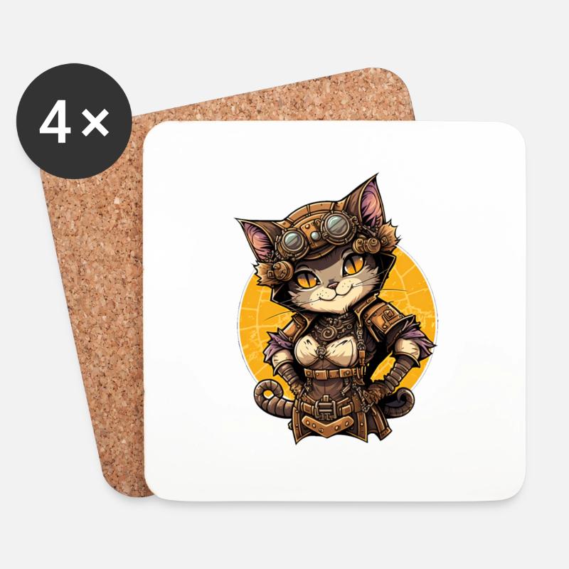 Steampunk Katze - Untersetzer (4er-Set) - Weiß