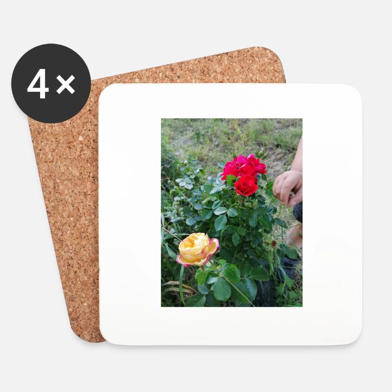 1 rote Rose und 1 gelbe mit kleiner Hand - Untersetzer (4er-Set) - Weiß