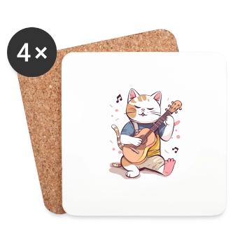 Chat mignon avec guitare - Dessous de verre (lot de 4) - blanc - Devant