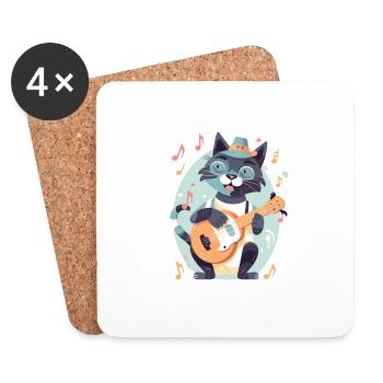 Chat mignon avec guitare - Dessous de verre (lot de 4) - blanc - Devant