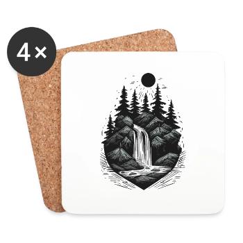 Tattoo style waterfall pine tree outdoor logo - Coasters (set of 4) - white - Front