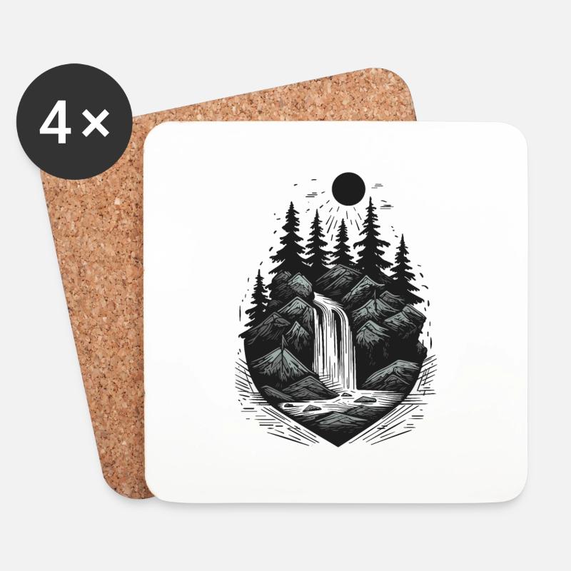 Tattoo-Stil Wasserfall Logo mit Kiefern und Felsen - Untersetzer (4er-Set) - Weiß