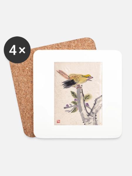 Chinesische Malerei gelber Vogel - Untersetzer (4er-Set) - Weiß