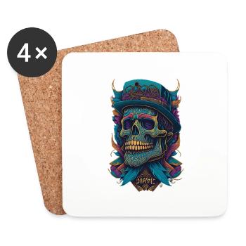 Squelette Crâne avec chapeau et fleurs Bande dessinée cool - Dessous de verre (lot de 4) - blanc - Devant