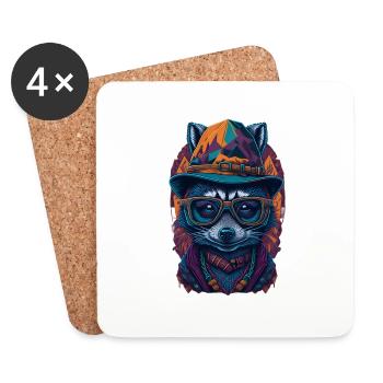 Mignon raton laveur avec chapeau et drôles de lunettes - Dessous de verre (lot de 4) - blanc - Devant