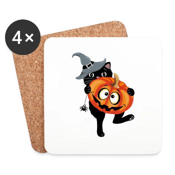 Drôle de chat noir à la citrouille pour Halloween - Dessous de verre (lot de 4) - blanc - Devant