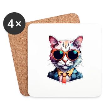 Katze Lünette - Niedliches Aquarell - Untersetzer (4er-Set) - Weiß - Vorne