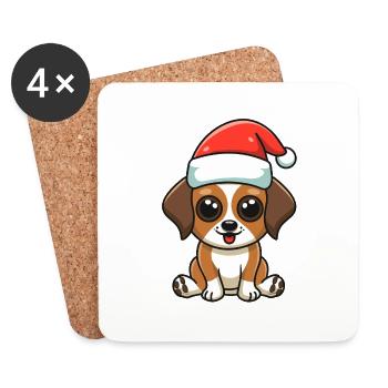 Hündchen mit Weihnachtsmütze - Untersetzer (4er-Set) - Weiß - Vorne