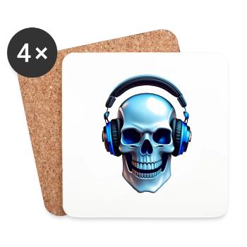 Écouteur de musique, crâne avec casque - Dessous de verre (lot de 4) - blanc - Devant