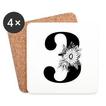 Numéro 3 floral noir -3e anniversaire floral - Dessous de verre (lot de 4) - blanc - Devant