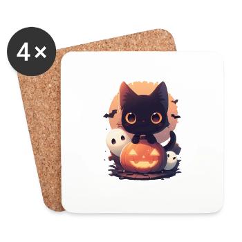 Niedliche Halloween Katze mit Kürbis und Geistern - Untersetzer (4er-Set) - Weiß - Vorne