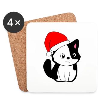 Noël - Chat festif avec chapeau de Père Noël - Dessous de verre (lot de 4) - blanc - Devant