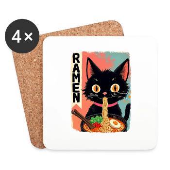 schwarze Anime Katze isst Ramen-Nudeln - Untersetzer (4er-Set) - Weiß - Vorne