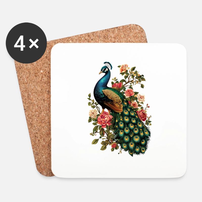 Pfau Blumen Floral - Untersetzer (4er-Set) - Weiß