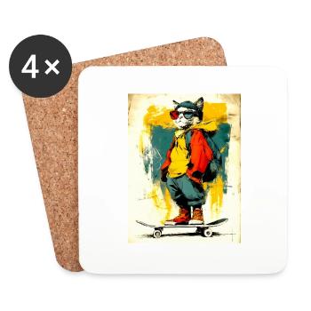 Cool cat on skateboard - modern, stylish - Coasters (set of 4) - white - Front
