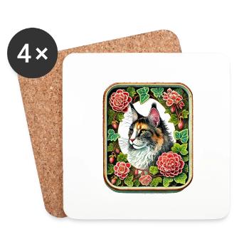 Dilute Calico Maine Coon & Flowers - Coasters (set of 4) - white - Front