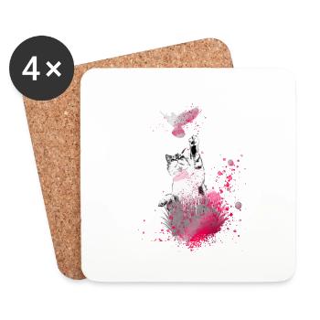 cat, pink,watercolor, painting,graffiti,deaf,bird - Coasters (set of 4) - white - Front