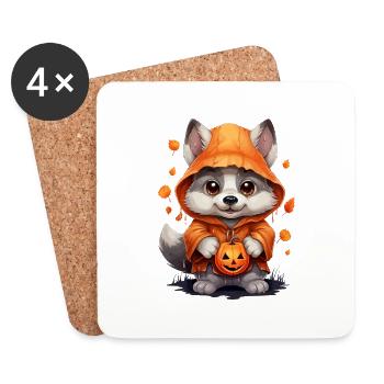 Niedlicher Halloween Wolf mit Kürbis Laternen - Untersetzer (4er-Set) - Weiß - Vorne