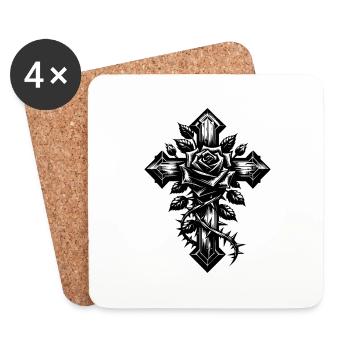 Rose mit Dornen auf elegantem Kreuz - Untersetzer (4er-Set) - Weiß - Vorne