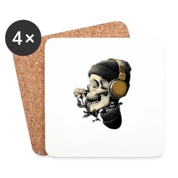 Kopfhörer-Skull mit Blume - Untersetzer (4er-Set) - Weiß - Vorne