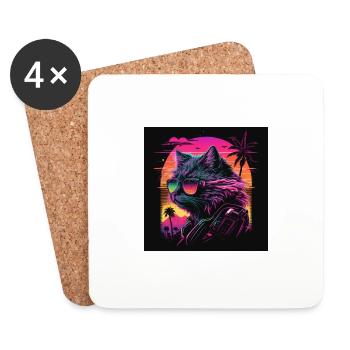 Katze mit Neonfarben, Synthwave / 80er Jahre - Untersetzer (4er-Set) - Weiß - Vorne