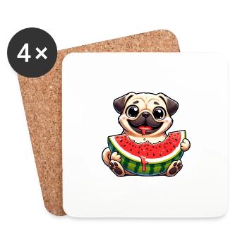 Pug with Melon Cute Cartoon - Coasters (set of 4) - white - Front
