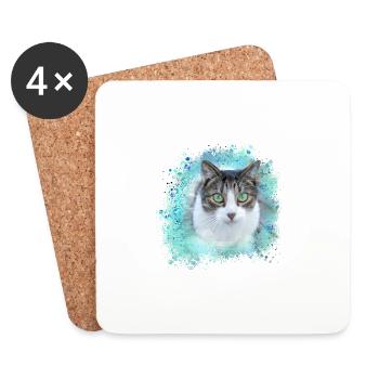 Cat, Green, Watercolor, Art, Painting, Graffiti, - Coasters (set of 4) - white - Front