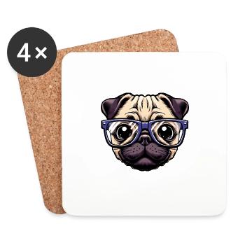 Nerdiger Mops mit Brille - Untersetzer (4er-Set) - Weiß - Vorne