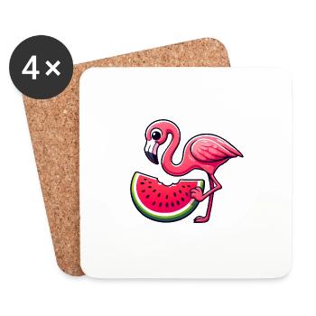 Flamant rose mignon avec un style de dessin animé de pastèque - Dessous de verre (lot de 4) - blanc - Devant