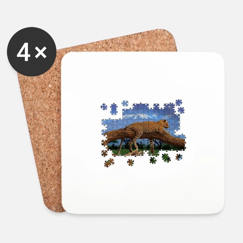 Puzzle Leopard Löwe liegt auf Baum Landschaft - Untersetzer (4er-Set) - Weiß