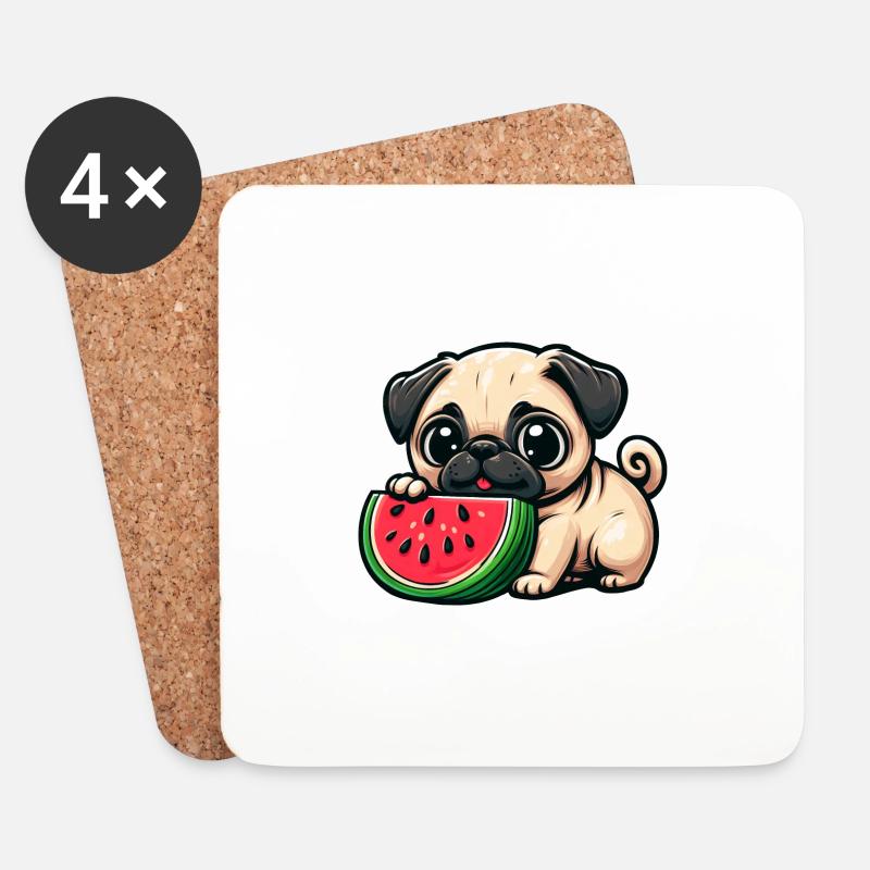 Lustiger Comic Mops Hund isst Wassermelone - Untersetzer (4er-Set) - Weiß