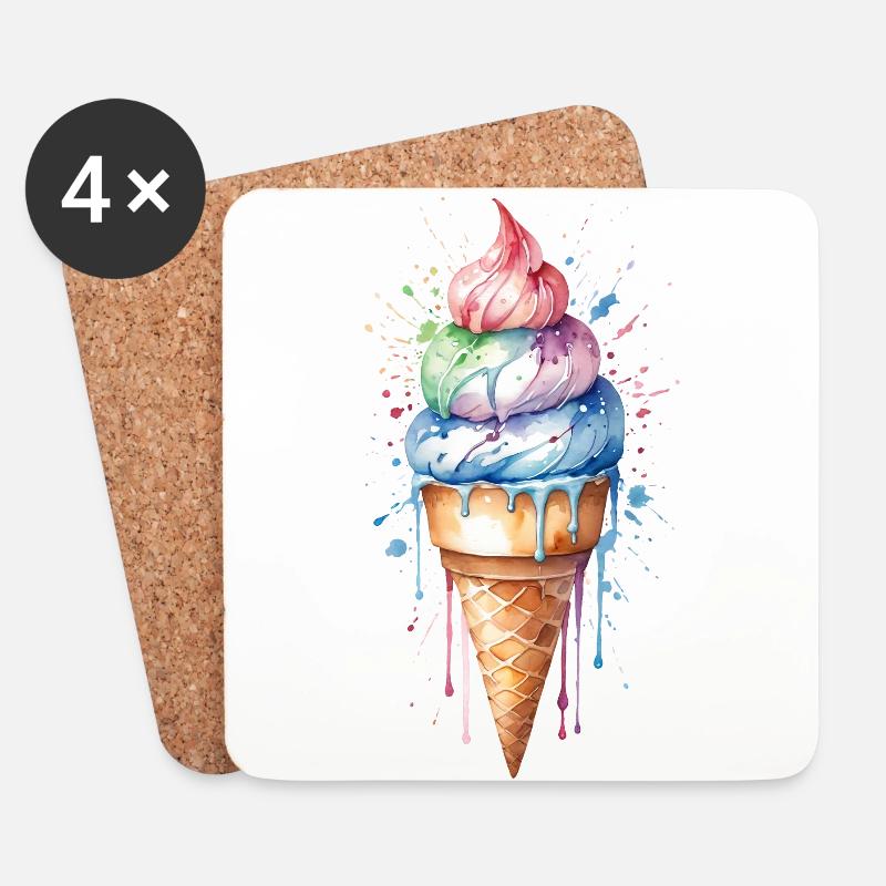 Rainbow Delight: Aquarell-Eistüte - Untersetzer (4er-Set) - Weiß