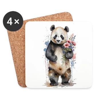 Gentil géant avec des fleurs - Aquarelle Panda - Dessous de verre (lot de 4) - blanc - Devant