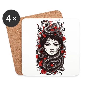 Tatouage japonais Lady et serpents vintage - Dessous de verre (lot de 4) - blanc - Devant