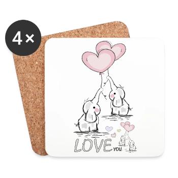 Éléphants avec cœur - Dessous de verre (lot de 4) - blanc - Devant