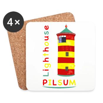 Leuchtturm Pilsum, Wahrzeichen, Zeichnung. - Untersetzer (4er-Set) - Weiß - Vorne