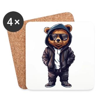 Cool Teddy Bear T-Shirt, Leather Jacket, Sunglasses - Coasters (set of 4) - white - Front