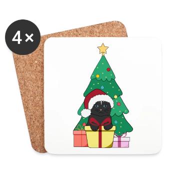 Chat devant le sapin de Noël avec chapeau de Noël Merry - Dessous de verre (lot de 4) - blanc - Devant