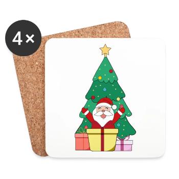 Santa vor Weihnachtsbaum mit Weihnachtsmütze Merry - Untersetzer (4er-Set) - Weiß - Vorne