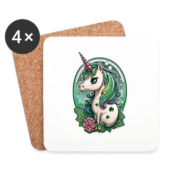 Licorne multicolore fleurs trèfle chance fête - Dessous de verre (lot de 4) - blanc - Devant