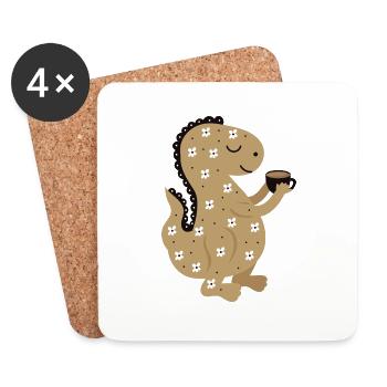 T-Rex Holding A Cup Of Tea - Unique & Fun - Coasters (set of 4) - white - Front