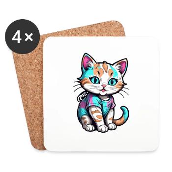 Kawaii Aquarell Katze - Untersetzer (4er-Set) - Weiß - Vorne