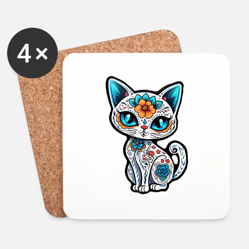 Katze Mexiko - Dia de los Muertos - Untersetzer (4er-Set) - Weiß