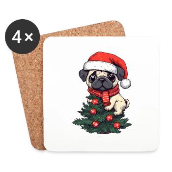 Weihnachts-Mops - Niedlicher Baumwächter - Untersetzer (4er-Set) - Weiß - Vorne