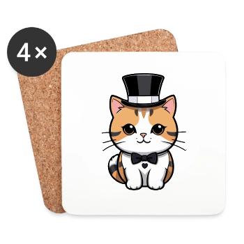 Chat mignon avec un chapeau et nœud papillon - Dessous de verre (lot de 4) - blanc - Devant