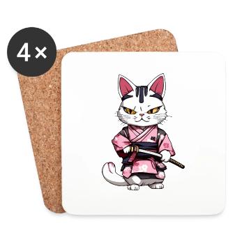 Samurai Katze & Kirschblüten #2 - Untersetzer (4er-Set) - Weiß - Vorne