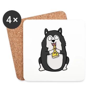 Fat Husky Dog Eating Pizza Funny Comic Style - Coasters (set of 4) - white - Front