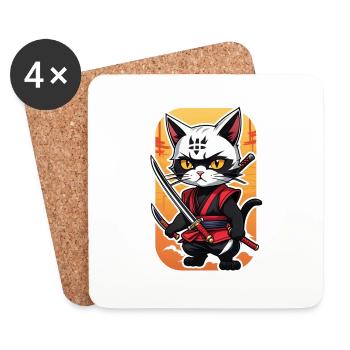 Ninja Cat - Samurai Kitten - Coasters (set of 4) - white - Front